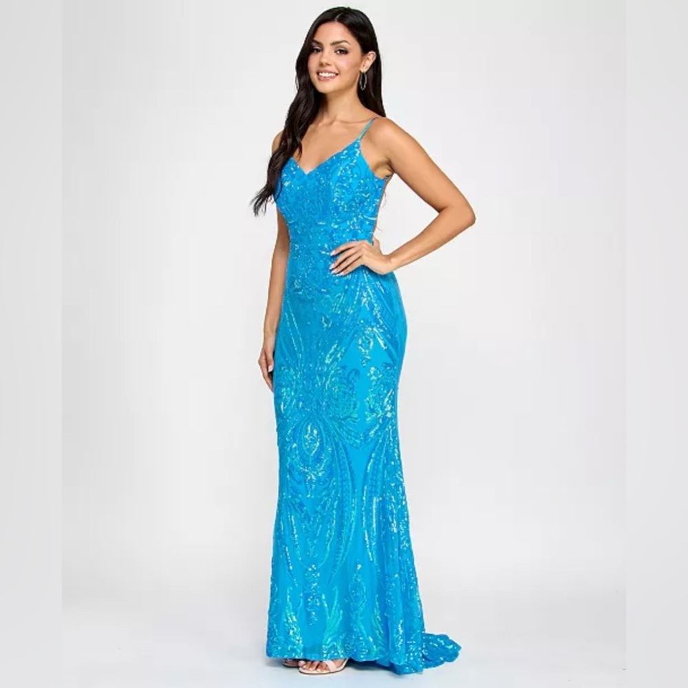 B Darlin Juniors' Sequin-Pattern Floor-Sweeping Blue Gown